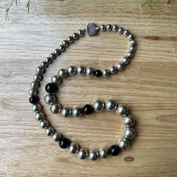 VTG Necklace24" Onyx Graduated Ball Beads Tongue Clasp 925 Sterling 107.7g - Picture 5 of 7